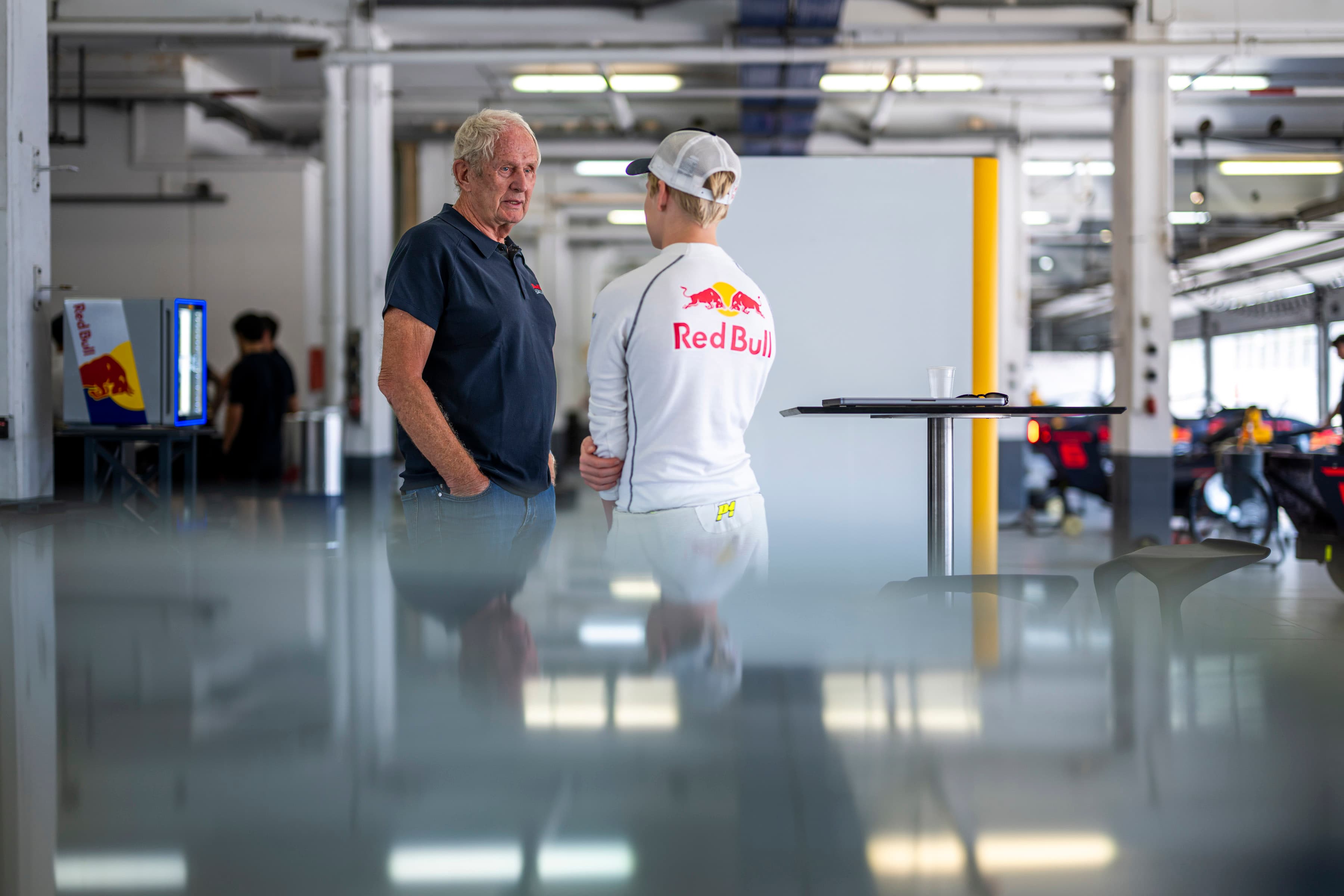 Scott Kin Lindblom with Dr Helmut Marko at Estoril, Portugal, during Red Bull Driver Search 2025. Photo: Joerg Mitter