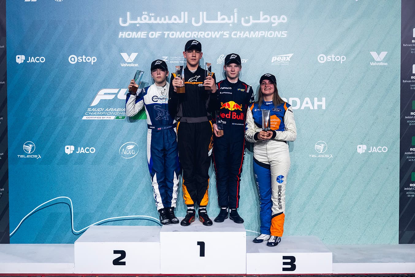 First win in F4. Scott Kin Lindblom Red Bull Junior Driver wins at Jeddah Corniche Circuit in the F4 Saudi Arabian Championship 11 Nov 2025. Photo: Akl Yazbeck/F4 Saudi Arabia