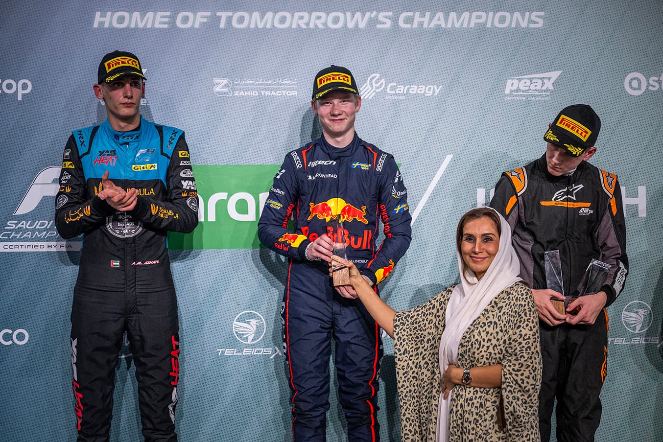 First win in F4. Scott Kin Lindblom Red Bull Junior Driver wins at Jeddah Corniche Circuit in the F4 Saudi Arabian Championship 11 Nov 2025. Photo: Akl Yazbeck/F4 Saudi Arabia